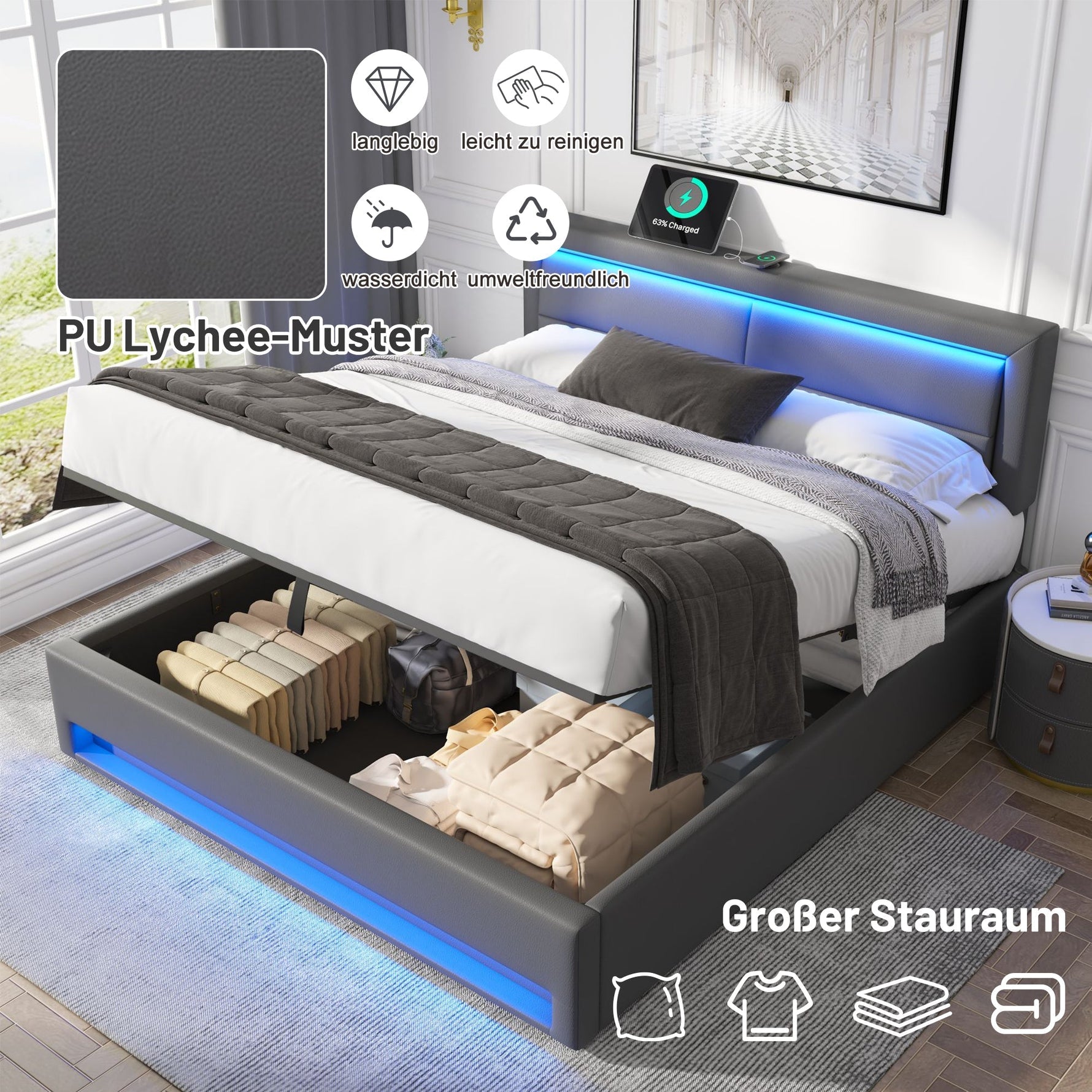 Upholstered Bed with USB Charging, LED Lighting and Storage, 140x190cm, Grey PU Leather