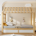 Kids Country Bed 90x200cm with Storage & Roof, Wood & White