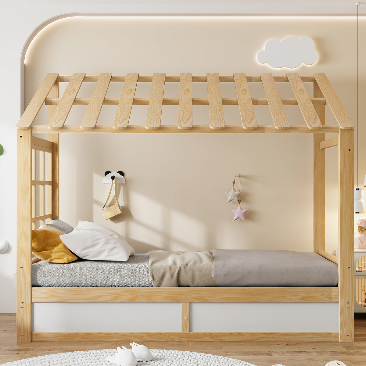 Kids Country Bed 90x200cm with Storage & Roof, Wood & White