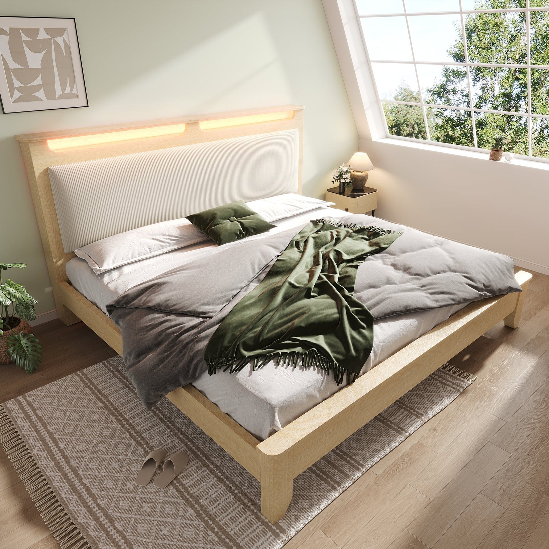 Double Bed 140x200cm, LED Headboard with Storage, Beige Corduroy & Light Oak