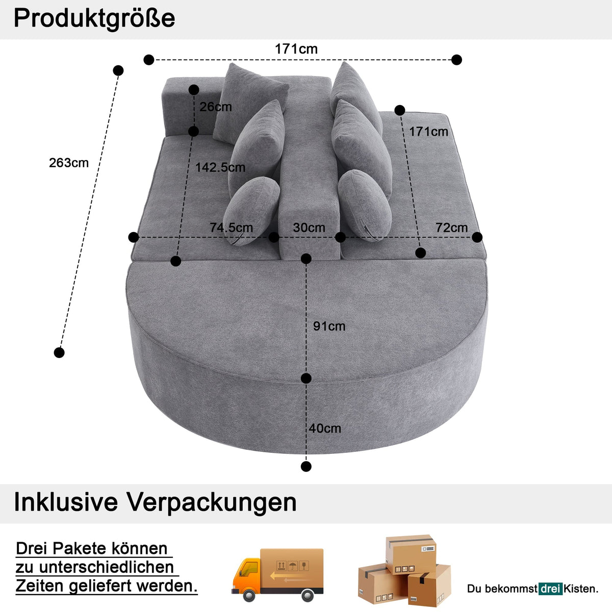 Modular Sofa Segmented Boneless No Assembly - Chenille Fabric