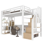 Loft Bed with Storage Steps, LED Lights and Iron Frame, 90 x 200 cm, White