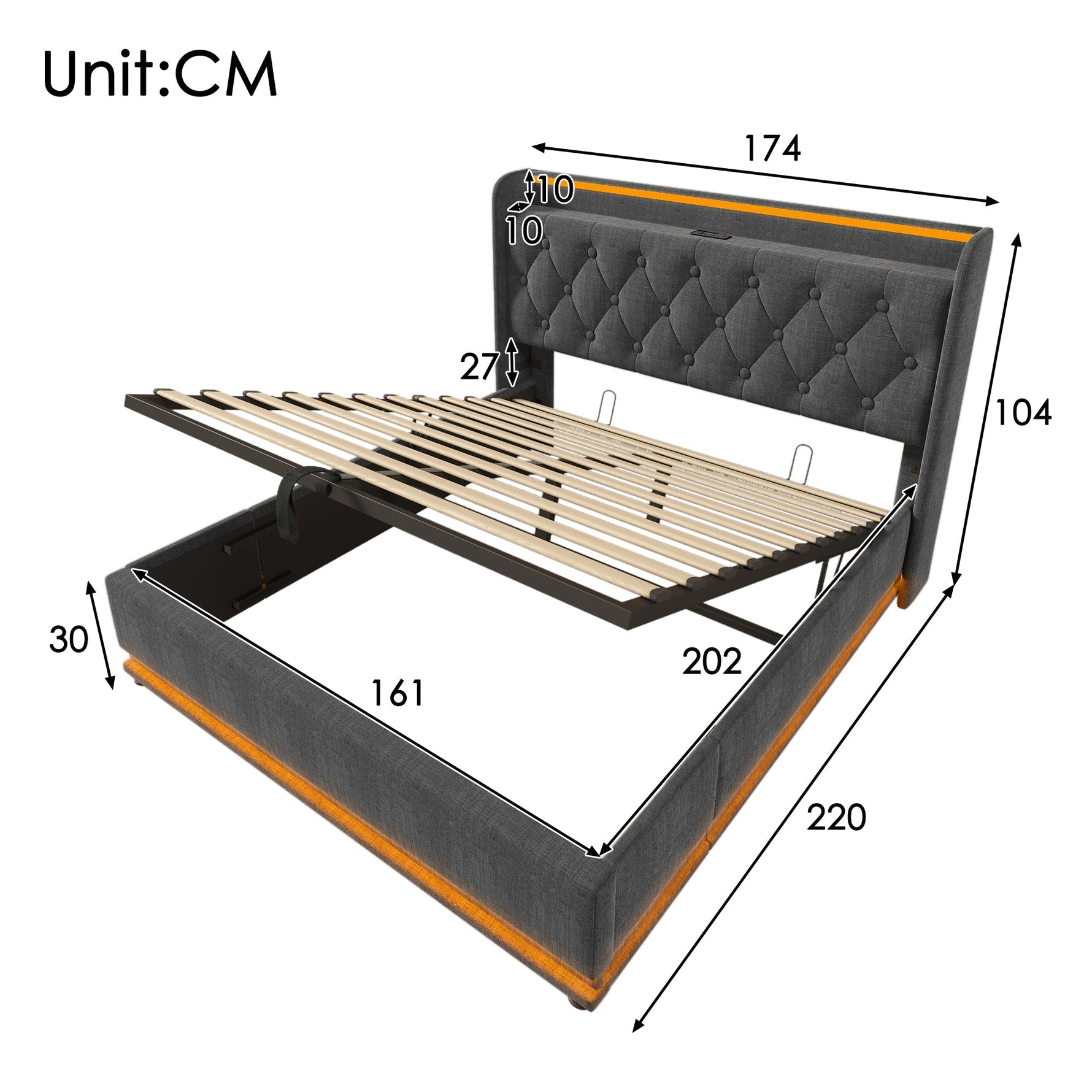 Upholstered Bed, 360 LED Hydraulic Storage with USB, Gray Linen