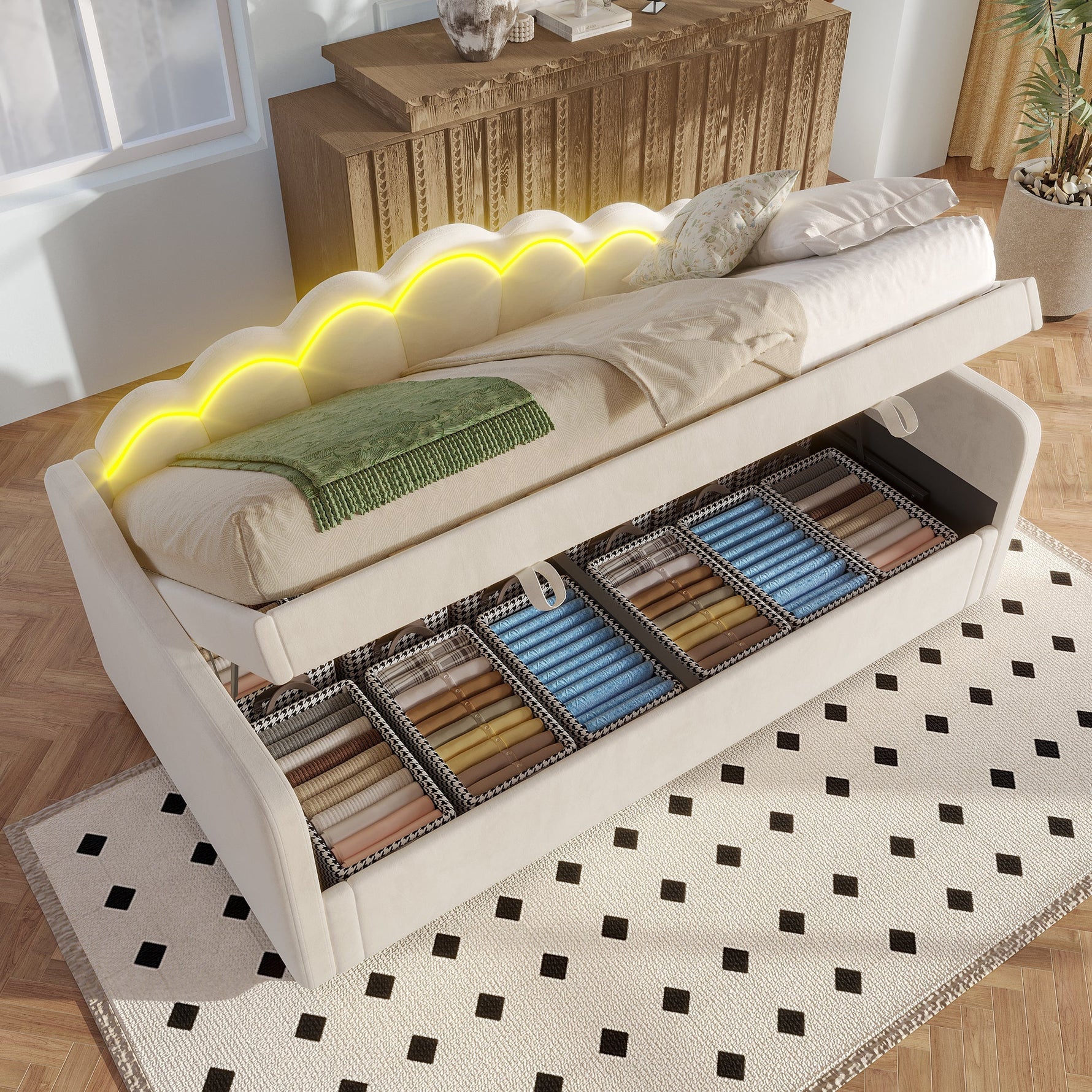 Daybed Sofa Bed 90x200cm Hydraulic Storage LED - Velvet Beige