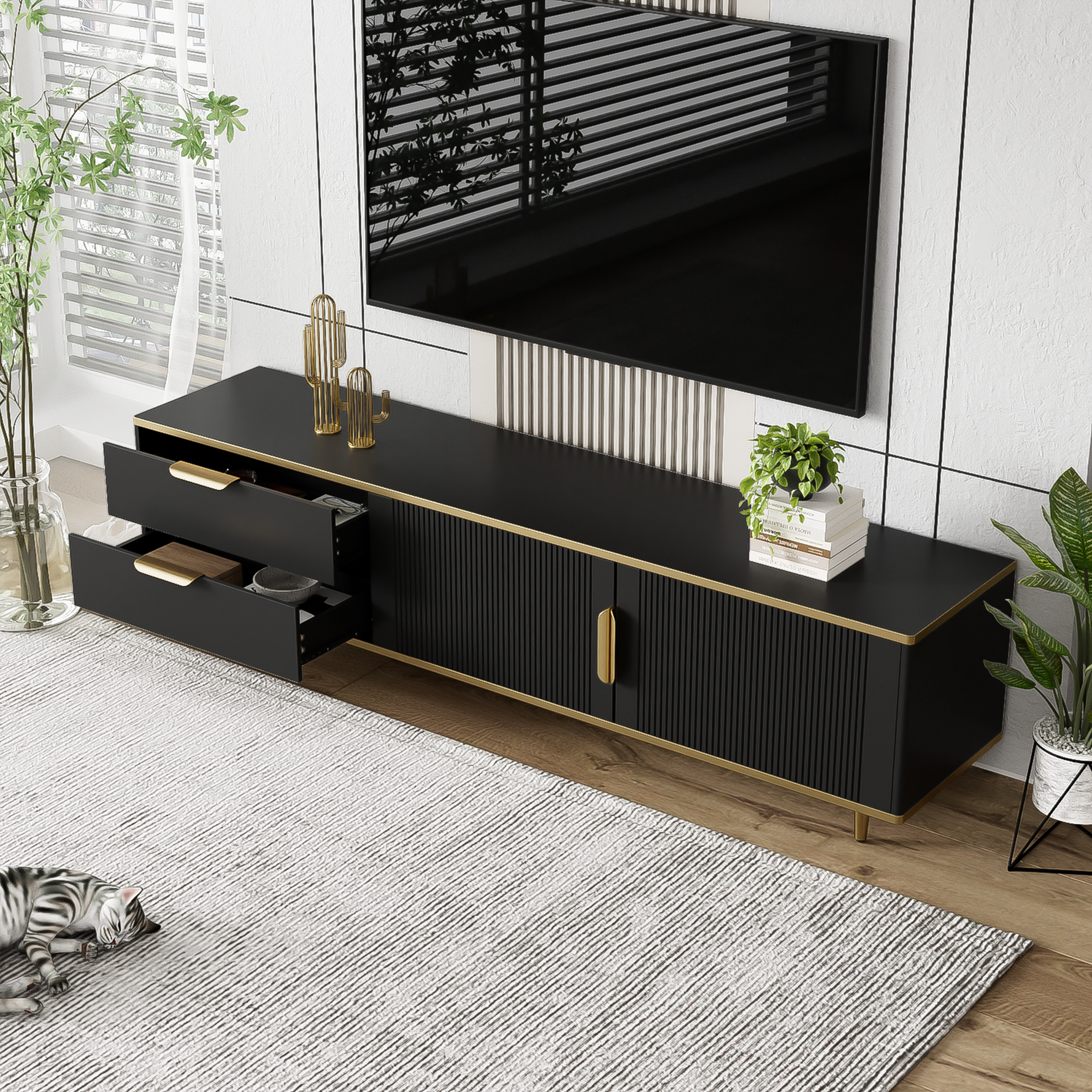 TV Cabinet, Lowboard with Carved Structure, Golden Accents