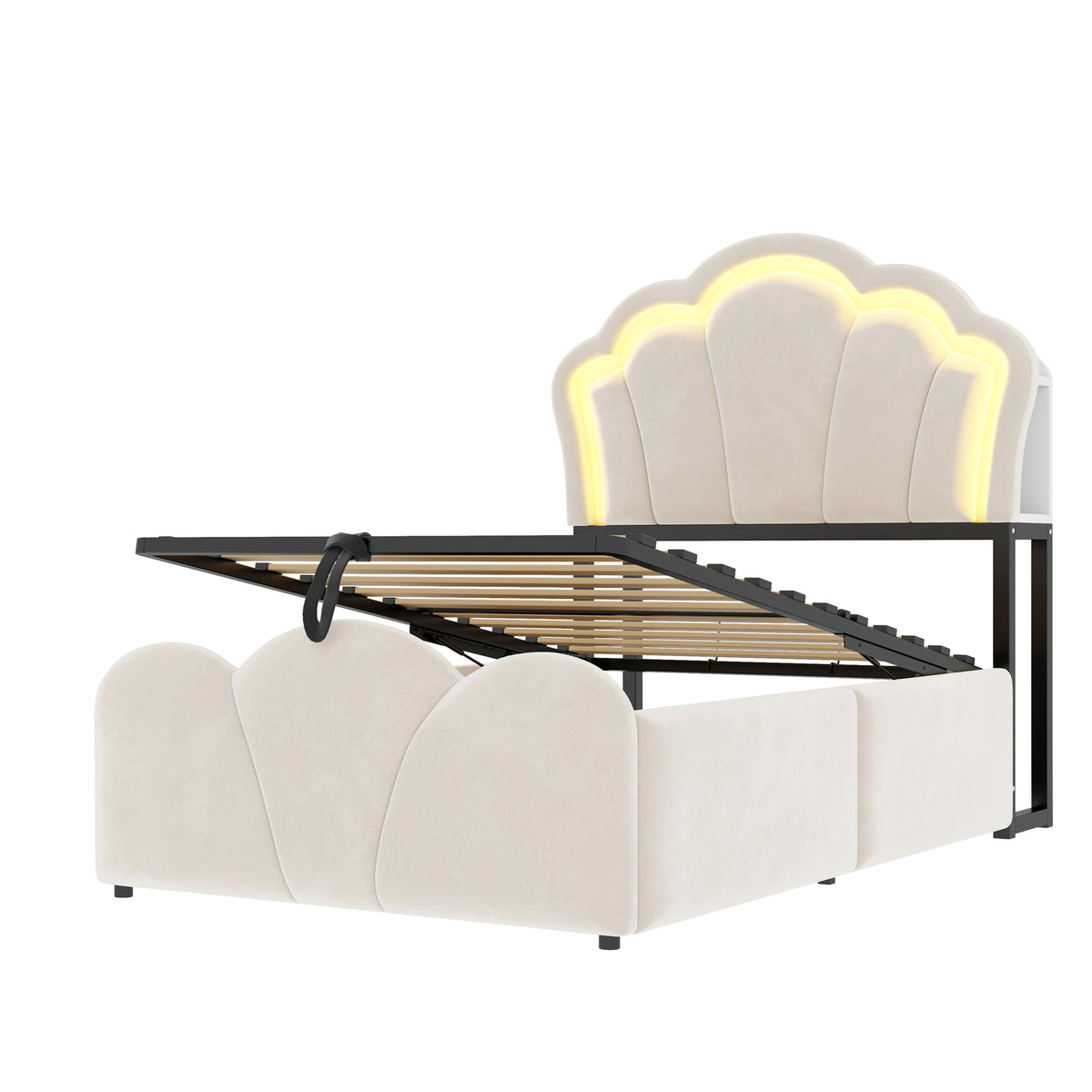 Upholstered Bed 90x200cm with Hydraulic Storage & LED, Beige Velvet