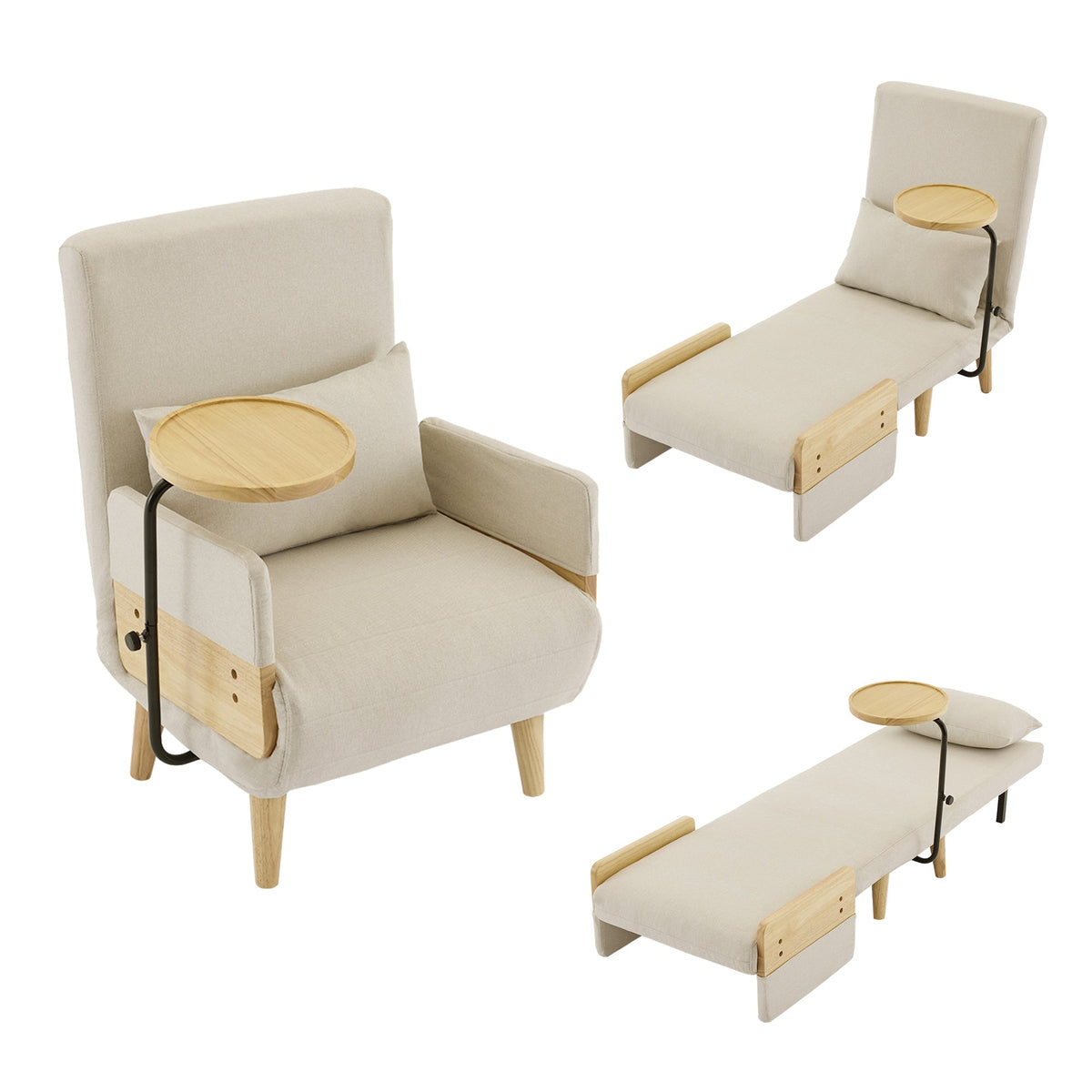 3-in-1 Convertible Armchair, Sleeping Function Upholstered Folding Seat, Wooden Tray