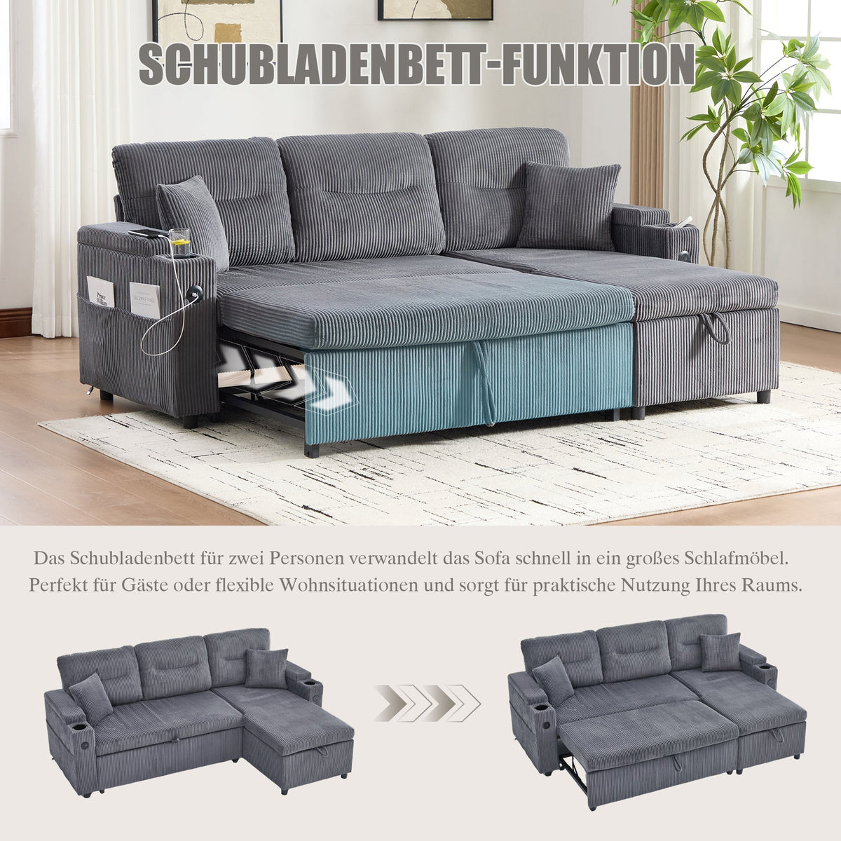 Modern 3-Seater Sofa with Storage, Cup Holders and USB-C Charging, Corduroy