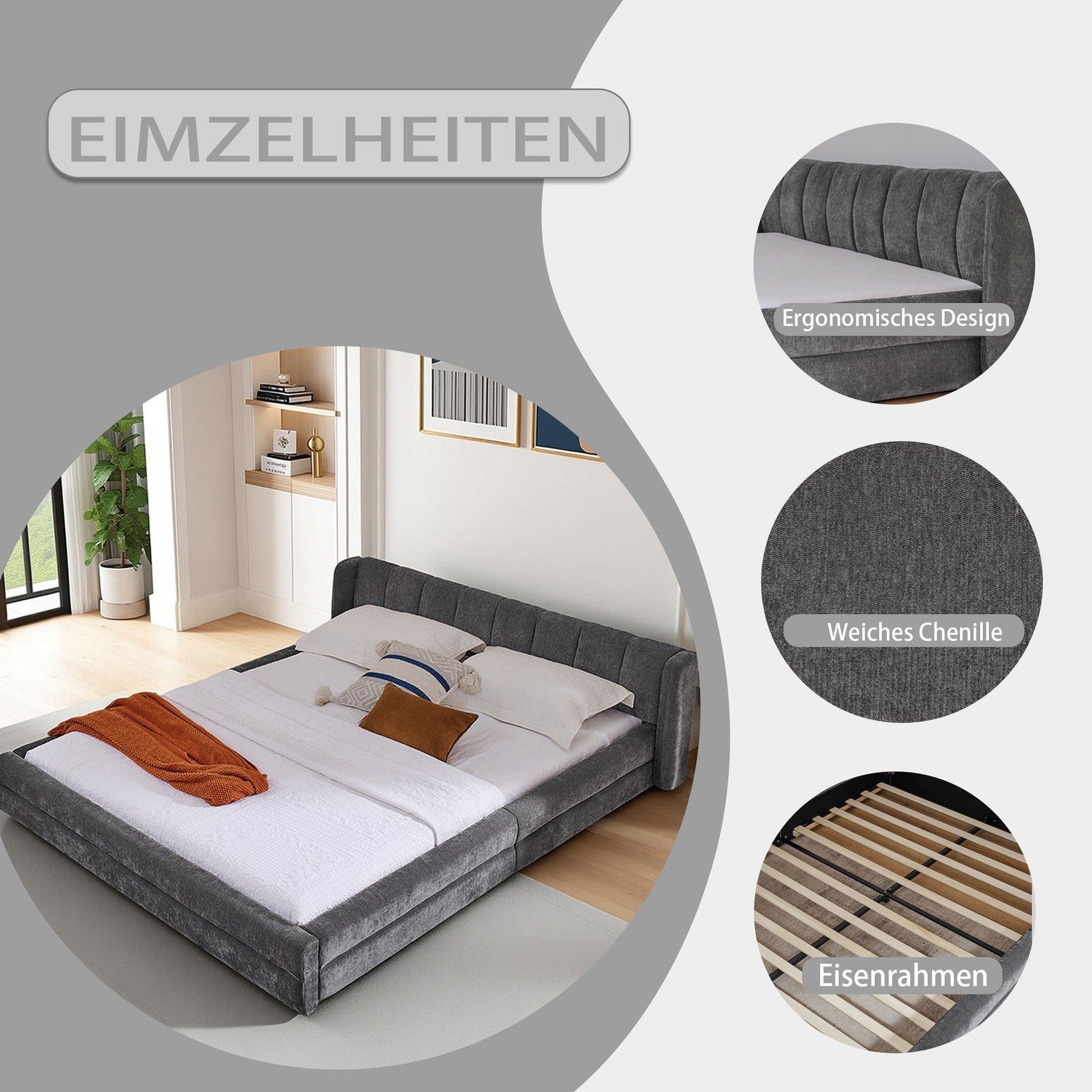 Double Bed 140x200cm Comfortable Backrest Chenille - Dark Grey