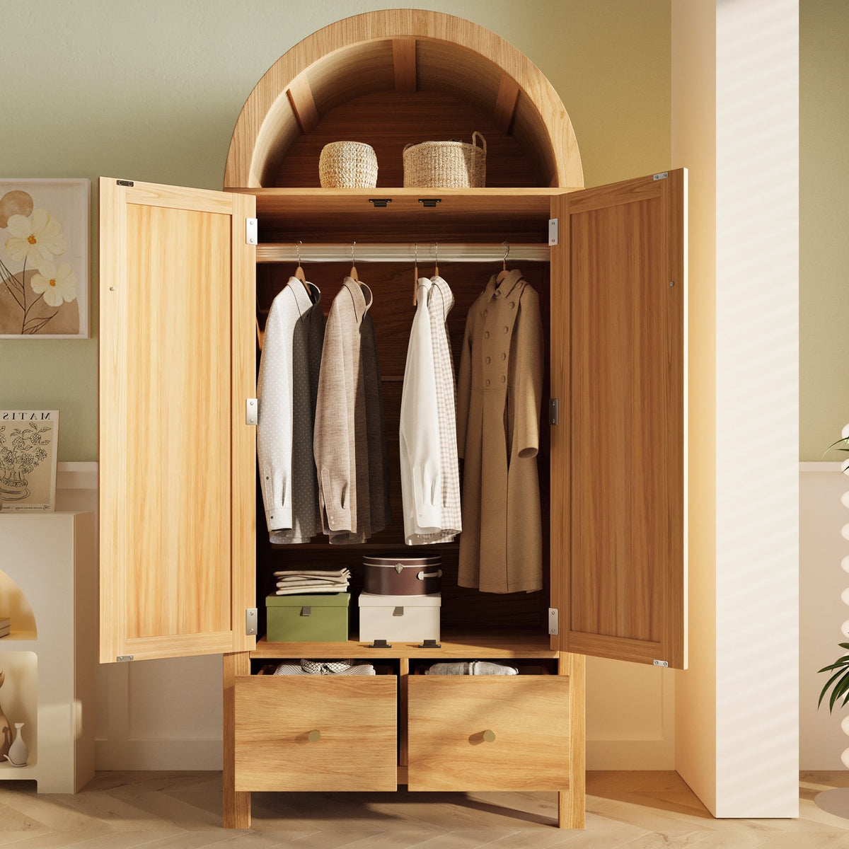 Wardrobe with Rattan Weave and 2 Doors, 181x78x45 cm, Oak Look