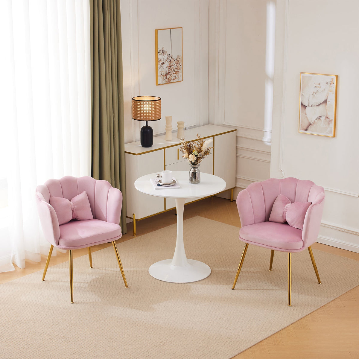 Chairs, Set of 2 Upholstered Petal Back with Gold Legs, Velvet
