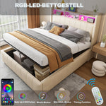 Upholstered Bed 160x200cm LED/USB, Storage, Hydraulic Lift, Beige Linen Fabric