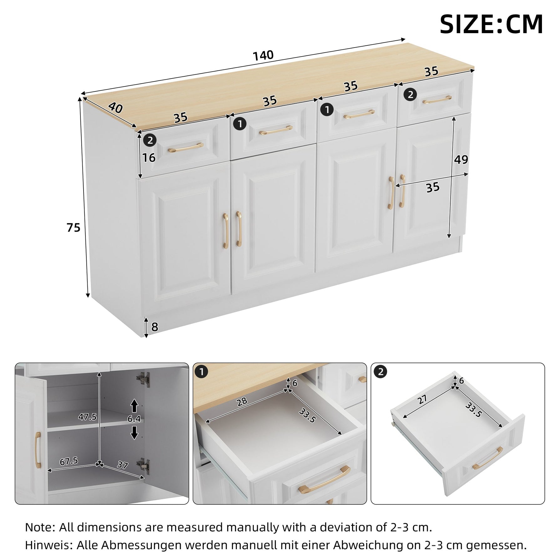 Sideboard Buffet Storage Cabinet 140cm 4 Drawers 4 Barn Doors White Wood