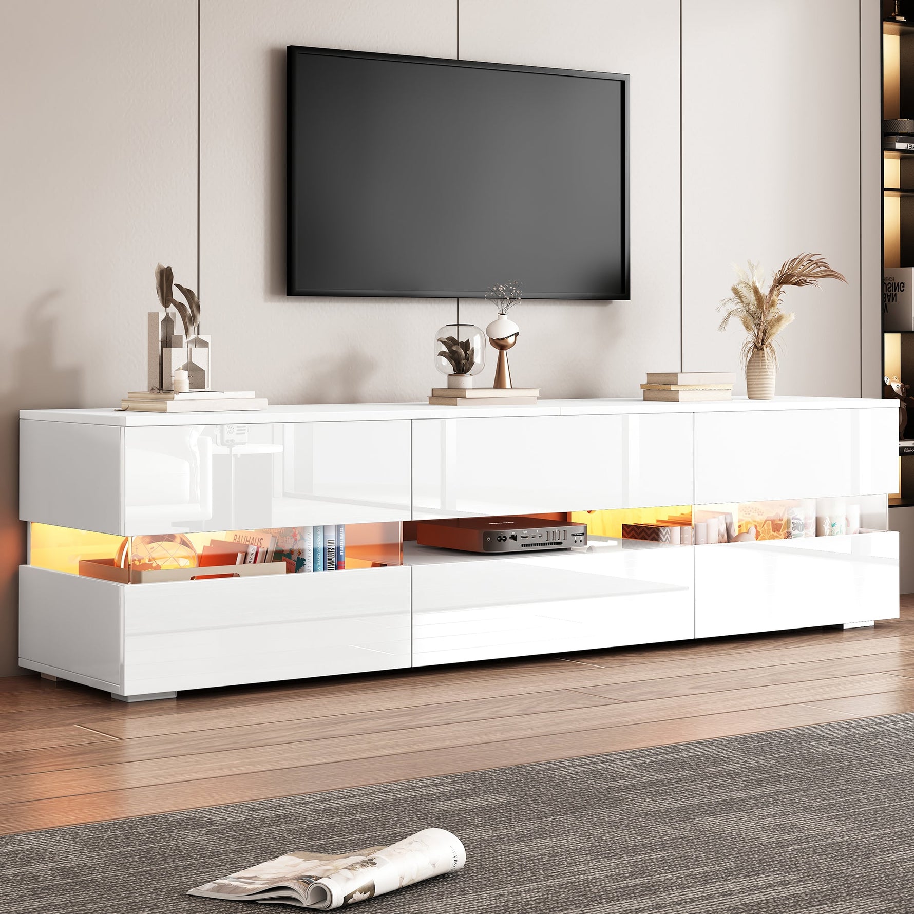 Modern TV Cabinet 160cm LED Storage for 70-inch TVs High-Gloss White