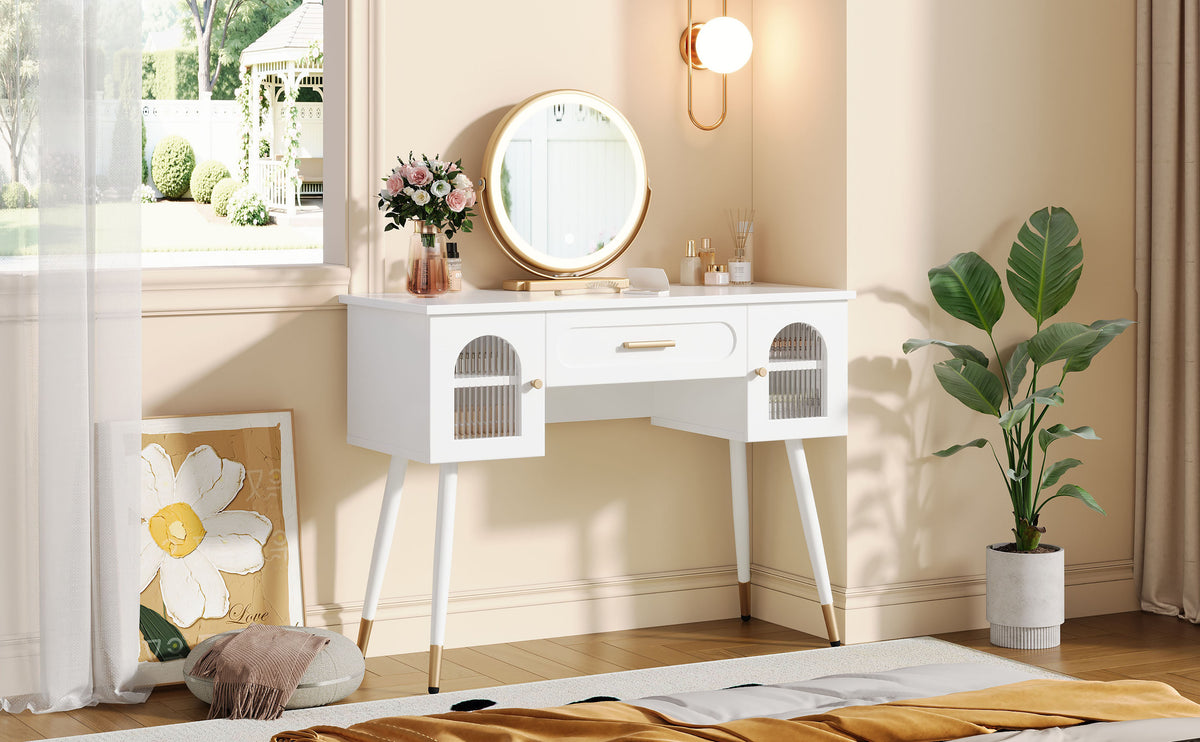 LED Dressing Table with Mirror, 1 Drawer & 2 Doors, White