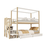 Bunk Bed, 90x200 cm House Shape Safety Rail & Storage, Solid Wood White/Natural