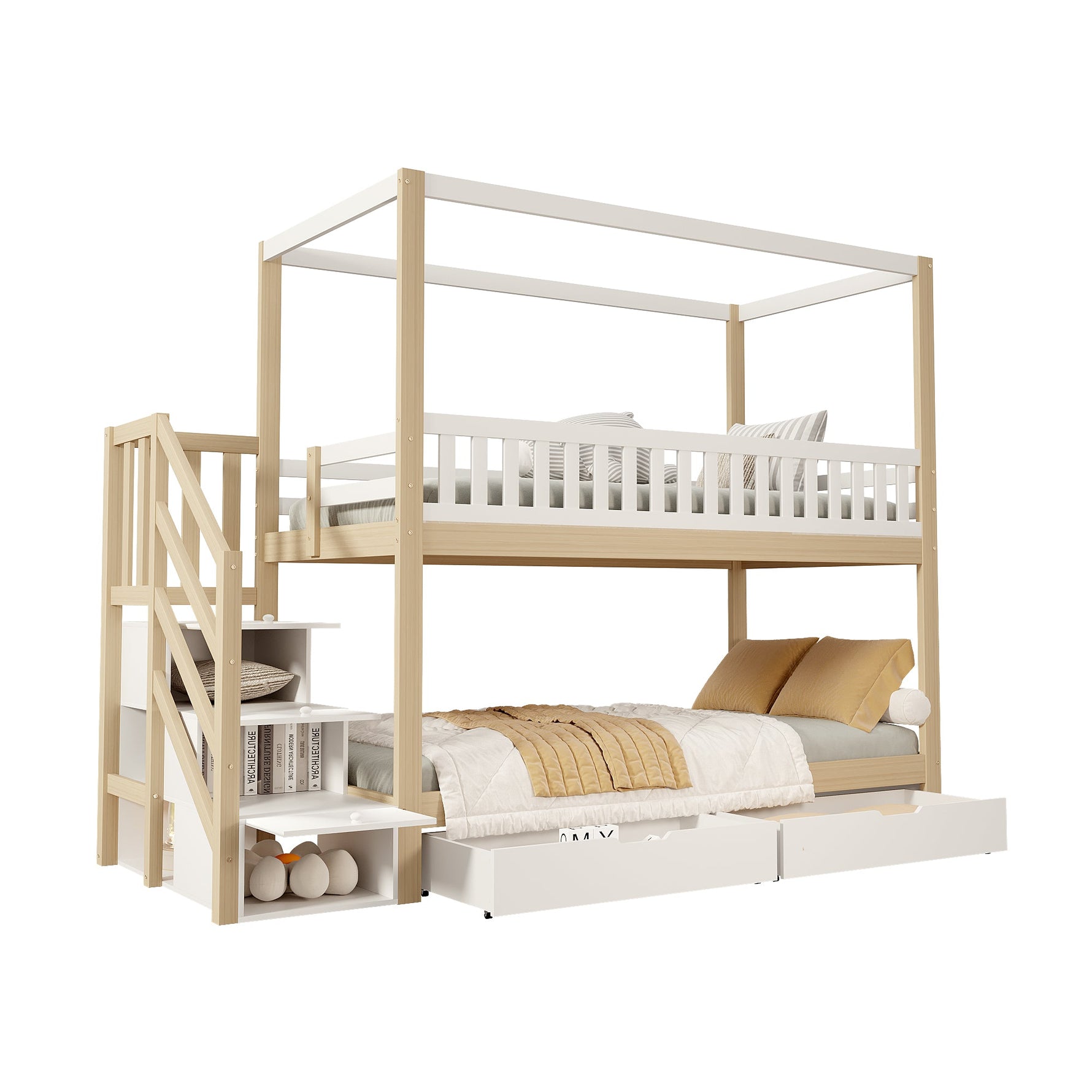 Bunk Bed, 90x200 cm House Shape Safety Rail & Storage, Solid Wood White/Natural