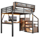 Loft Bed 140x200 with Desk, LED Light & Storage, Black Metal