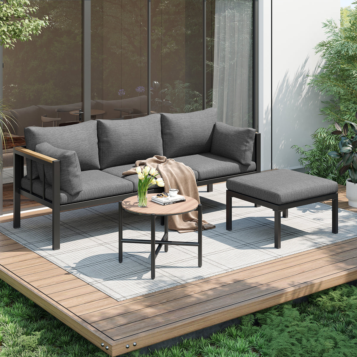 Garden Furniture Set Corner Suite with Sofa, Table & Stool, Grey