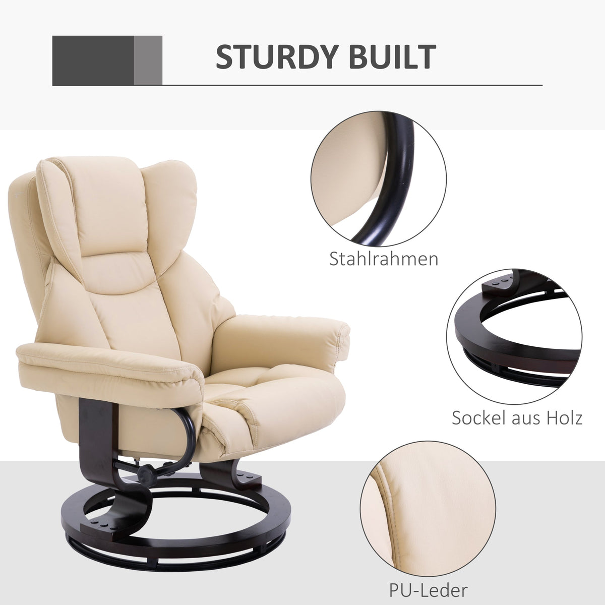Recliner Chair with Footstool, Swivel Reclining TV Chair, Faux Leather Cream