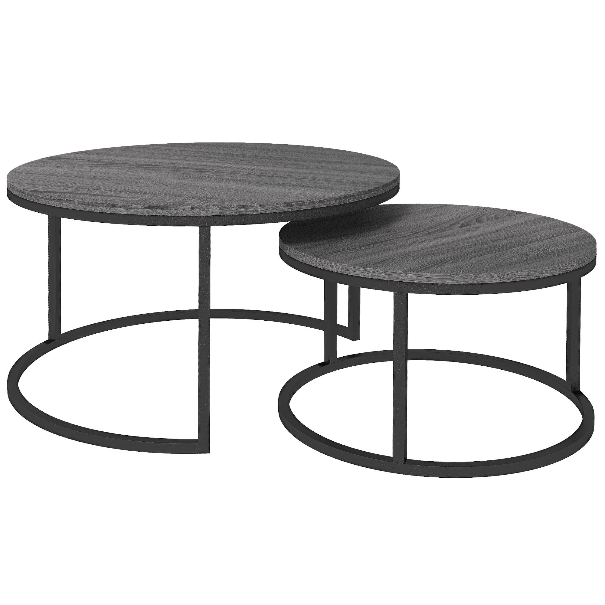 Round Coffee Table, Set of 2 Stackable Side Tables, Wood Look & Metal, Black