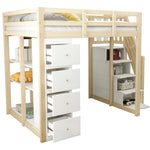 Loft Bed 140x200cm with Storage Drawers, Shelves, & Ladder, Solid Wood