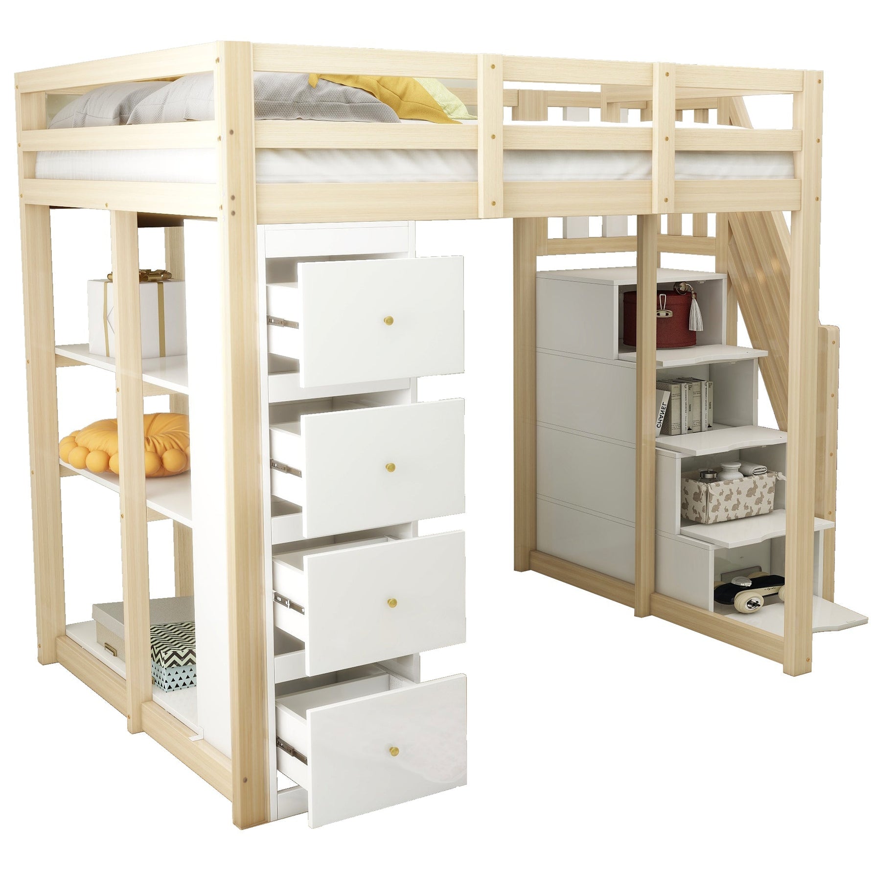 Loft Bed 140x200cm with Storage Drawers, Shelves, & Ladder, Solid Wood