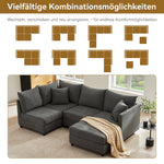 Modern Modular Corner Sofa, 5-Seater with Convertible Footstool, Cotton and Linen Grey