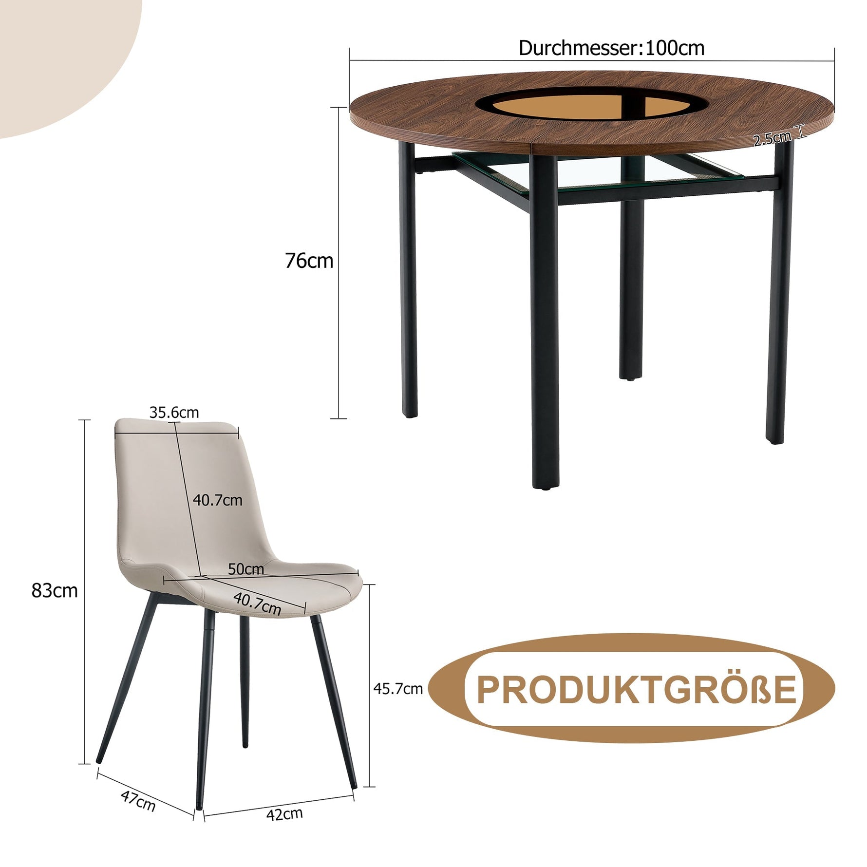 Round Table Set, Modern Minimalist 100cm with Storage and 4 Chairs, Brown Wood Look/Warm Grey PU