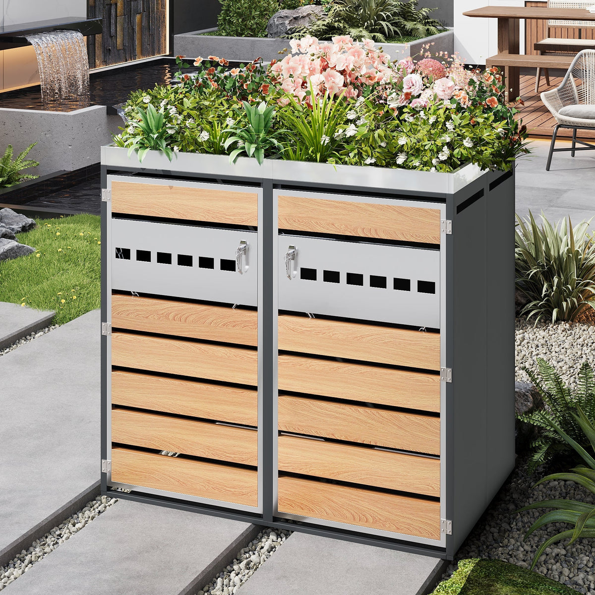 Trash Can Storage Box with Lockable Two Doors and Planting Area, Ventilation, Steel
