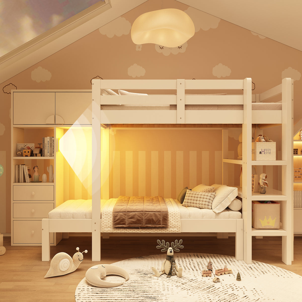 Bunk Bed 90x200 cm with Wardrobe & Storage Drawers, White