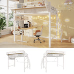 Loft Bed 140x200cm with Storage Compartments, Metal Frame, White