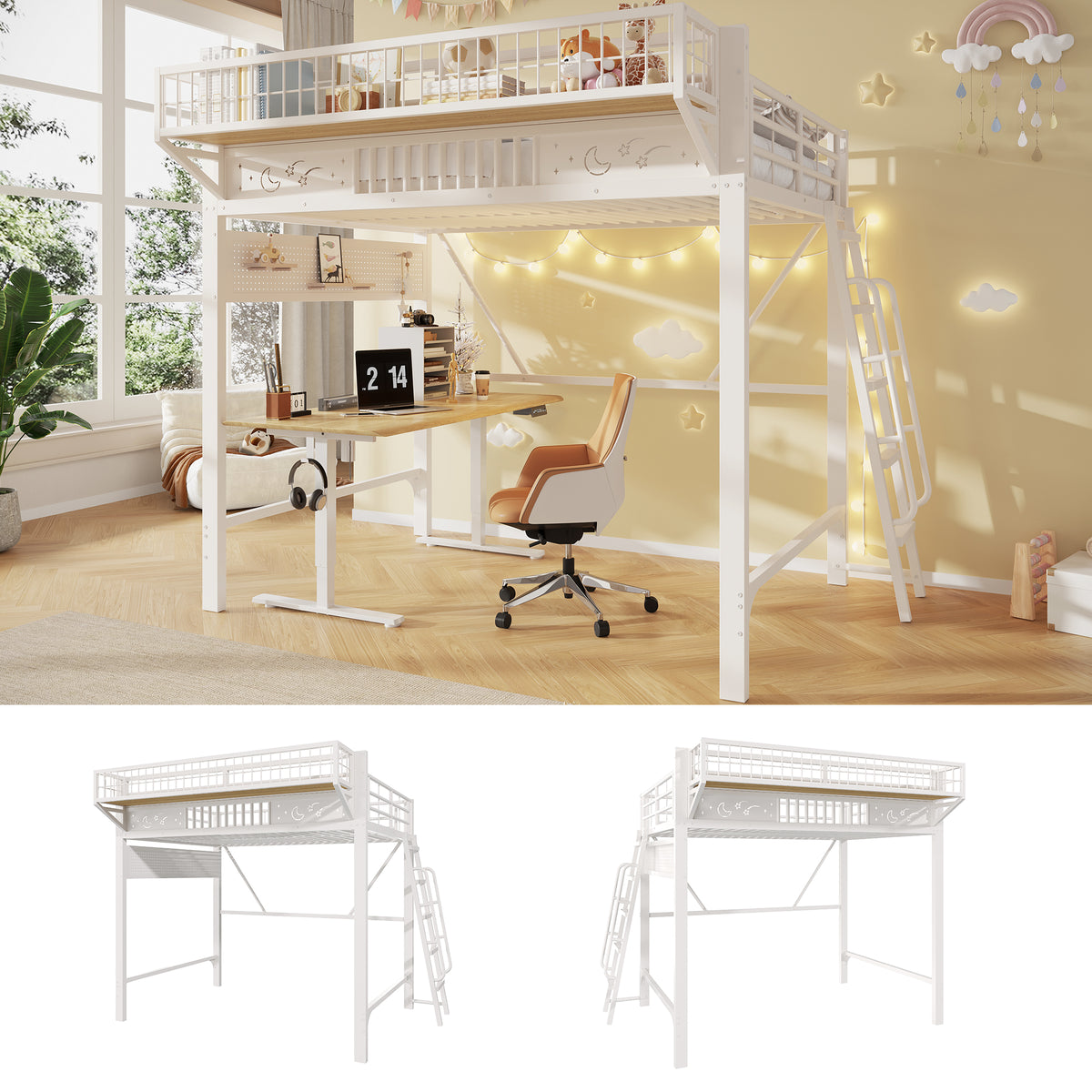 Loft Bed 140x200cm with Storage Compartments, Metal Frame, White