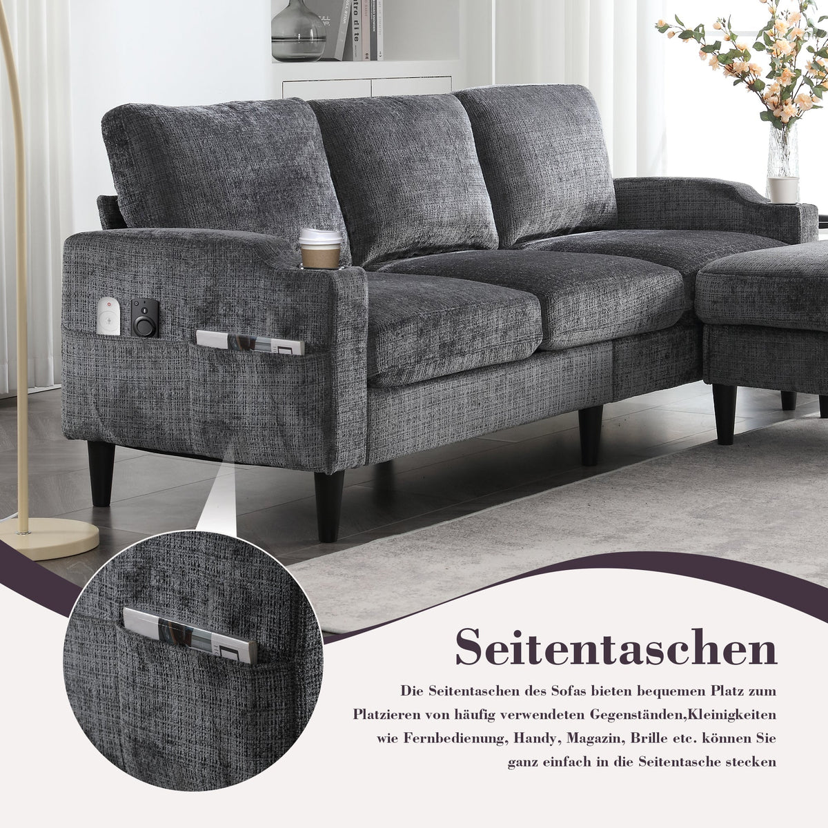 Sofa, 4-Seater with Footstool & Storage, Velvet