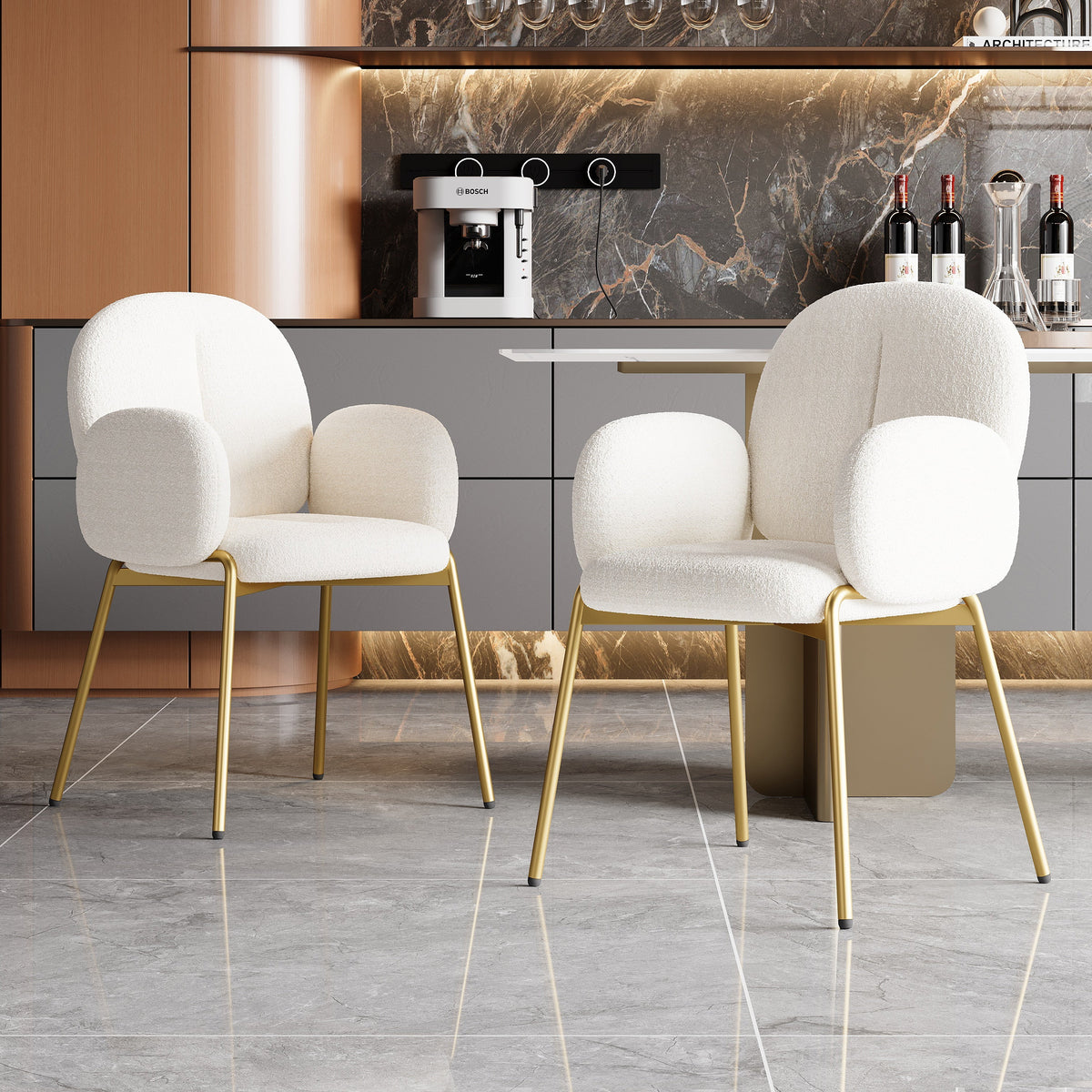 Dining Chairs and Lounge Chairs with Gold Legs, Set of 2, Beige Teddy