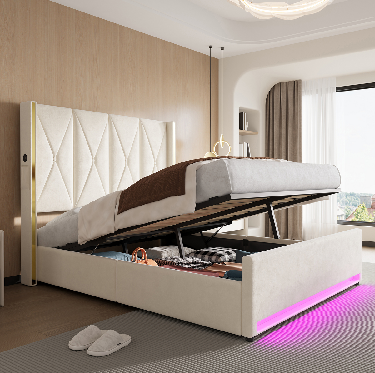 Hydraulic Storage Bed with LED & USB, 160x200 cm, Velour