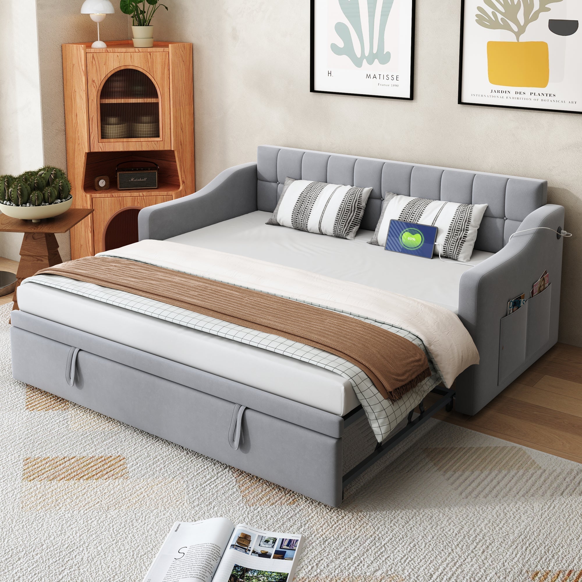 Upholstered Bed Sofa, 2-in-1 Multifunctional with Socket & Storage Bag, Light Grey Velvet