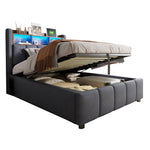 Upholstered Bed 90x200cm LED/USB Headboard Storage Hydraulic Single Linen Grey