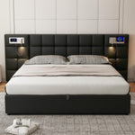 Upholstered Bed 180x200cm Hydraulic Storage USB/Wireless Charging LED Lamp - PU Black