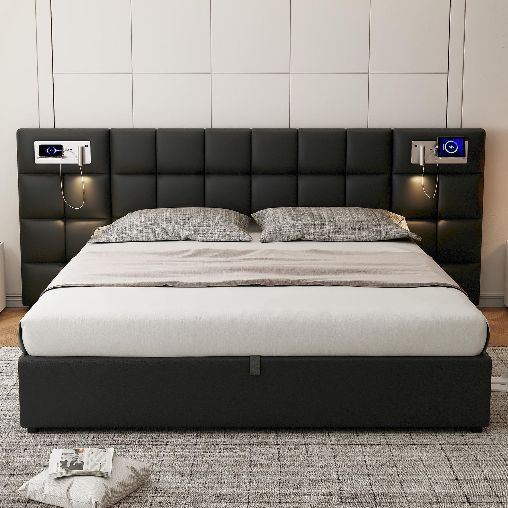 Upholstered Bed 180x200cm Hydraulic Storage USB/Wireless Charging LED Lamp - PU Black
