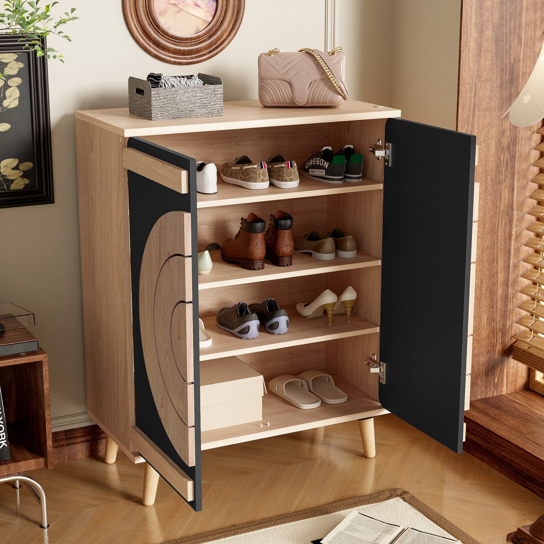 Modern Shoe Cabinet with Geometric Doors and Multi-Level Storage, Black and Natural Wood
