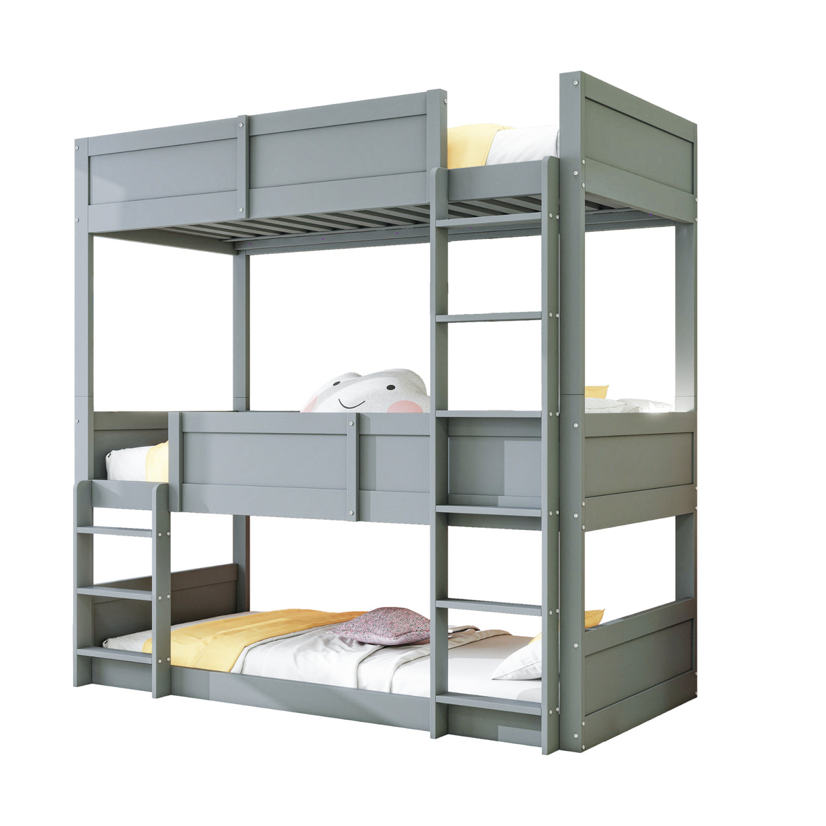 Triple Bunk Bed 90x200 cm with High Fence & Slats, Grey Wood