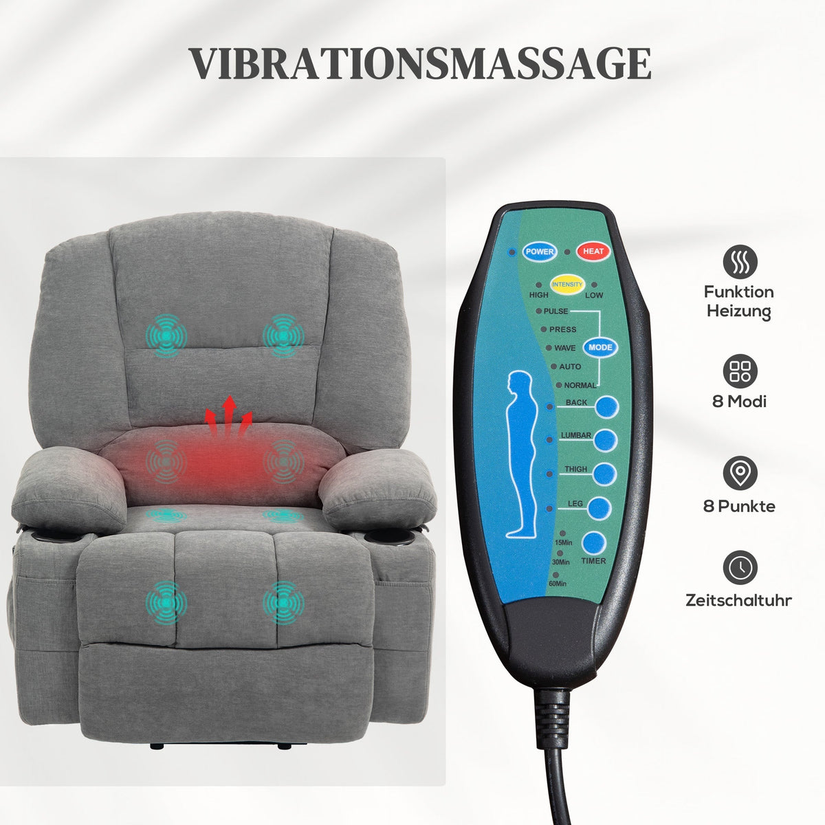 Electric Recliner Lift Massage Heating Side Pocket, Dark Grey