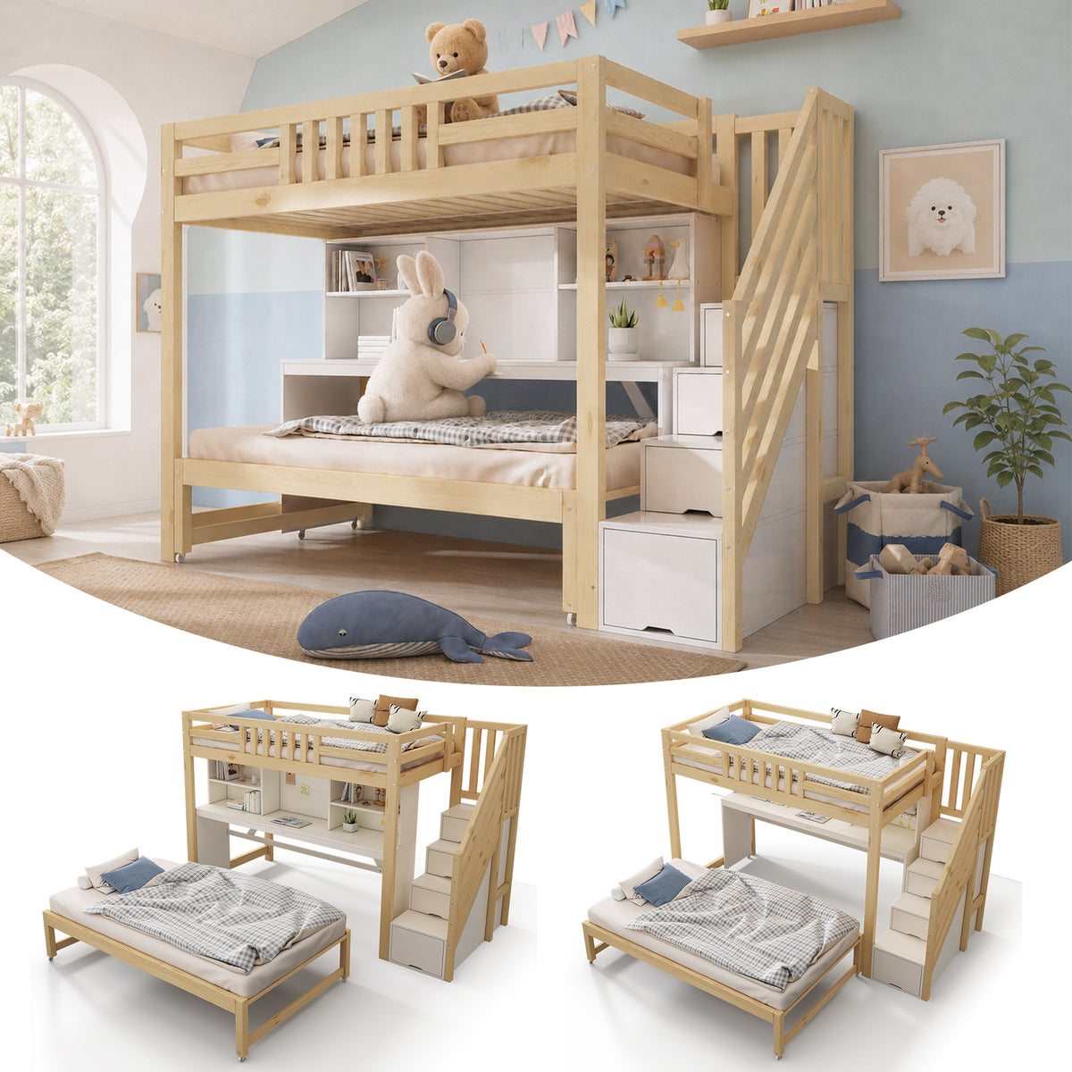 Children's Bunk Bed with Desk & Trundle, White & Oak Wood