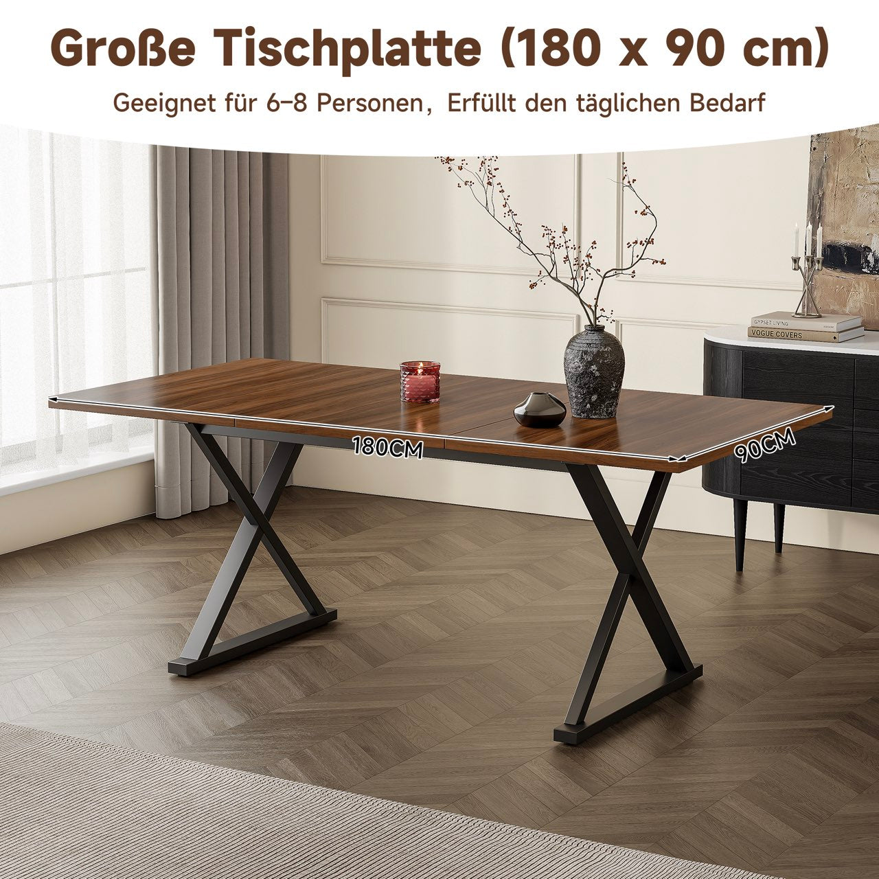 Dining Table, 180x90x75cm Seats 6-8 People Modern Style, Walnut and Black Metal