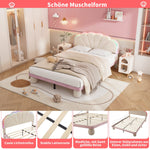 Upholstered Bed with Light Stripes, Scalloped Headboard & Round Legs, Velvet Beige+Pink