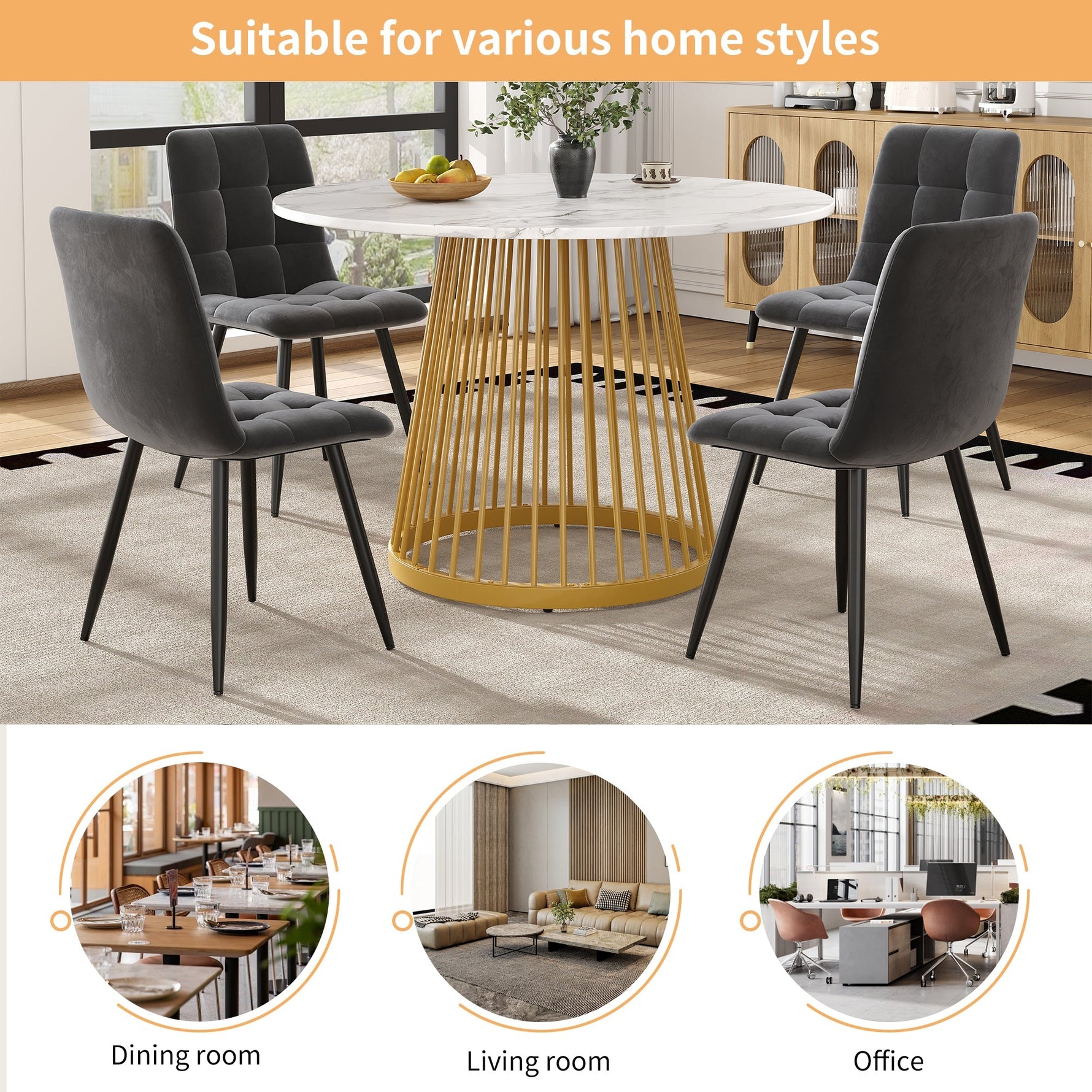 Round Dining Table 80cm 4-Person MDF Marbled Top Gold Legs