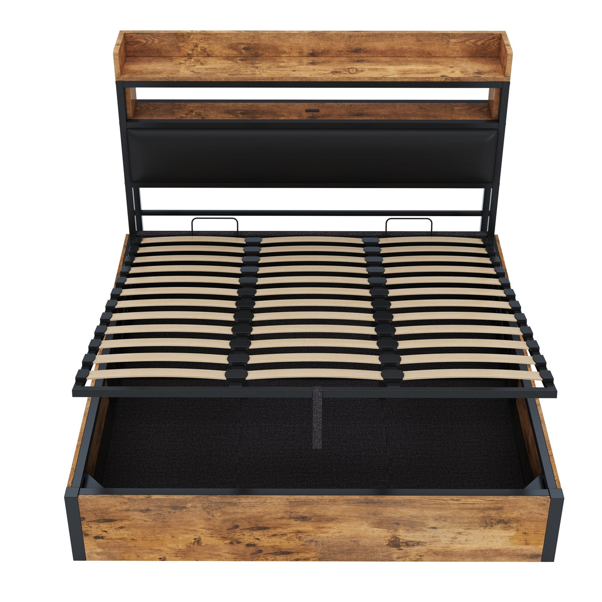 Bed Frame, 180x200, Hydraulic Lift, USB, Upholstered Headboard, Wood & Metal, Black