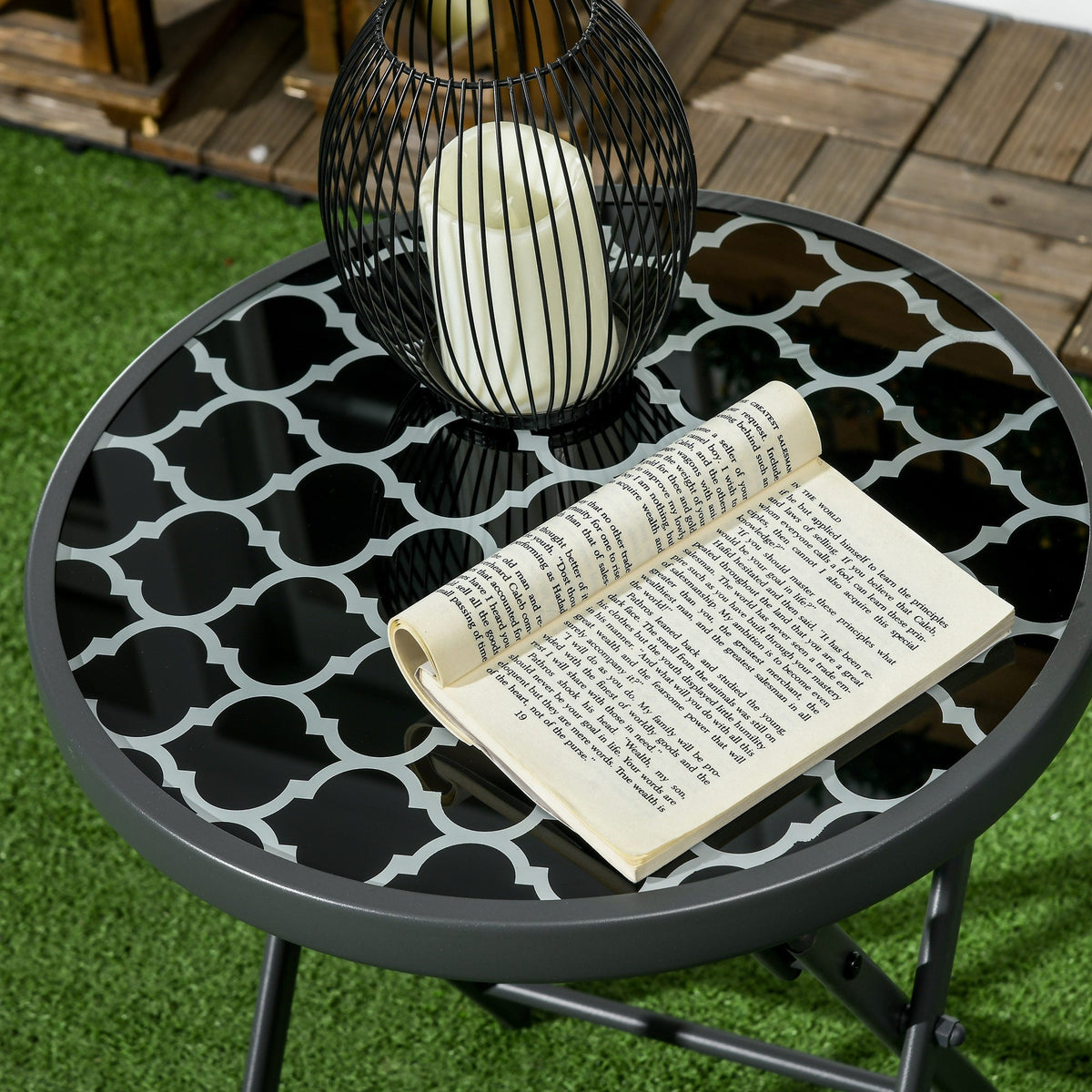 Folding Table Side Table Glass Top Black