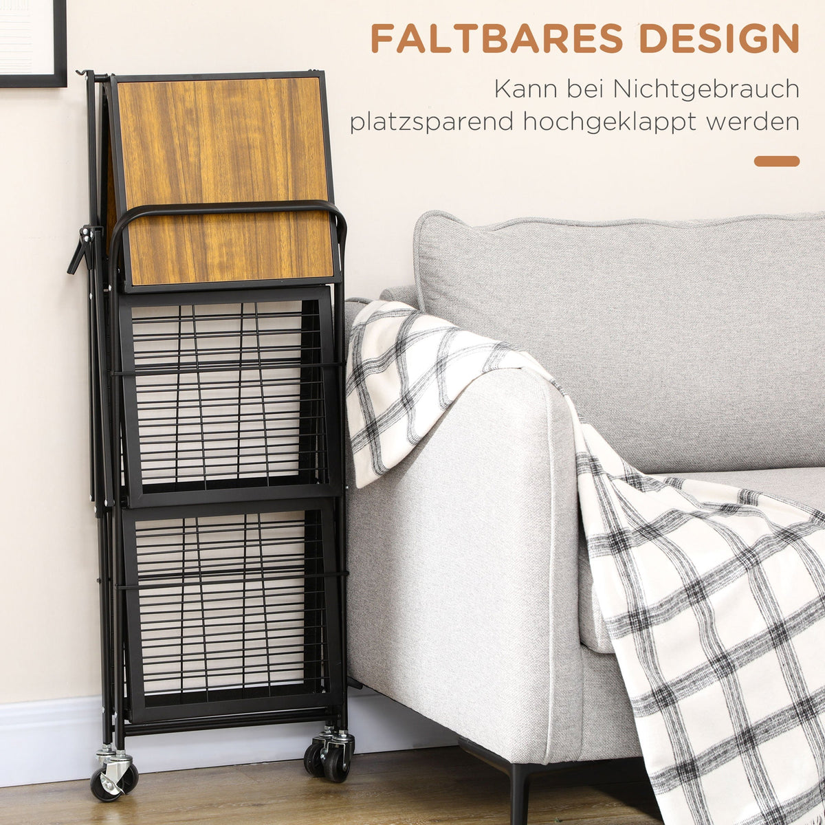 Folding Kitchen Cart, 3 Levels & Handle, Steel, Brown+Black